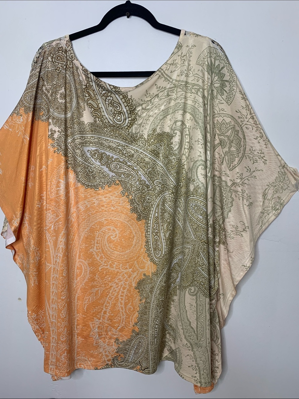 Reba Woman Flowy Boho Paisley dolman Beaded Tunic Top in Orange & Olive 3x USA - Picture 8 of 12